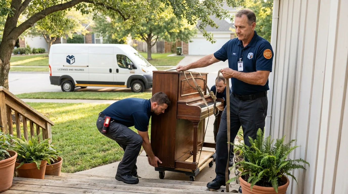 Licensed piano movers securing grand piano in New Philadelphia, OH