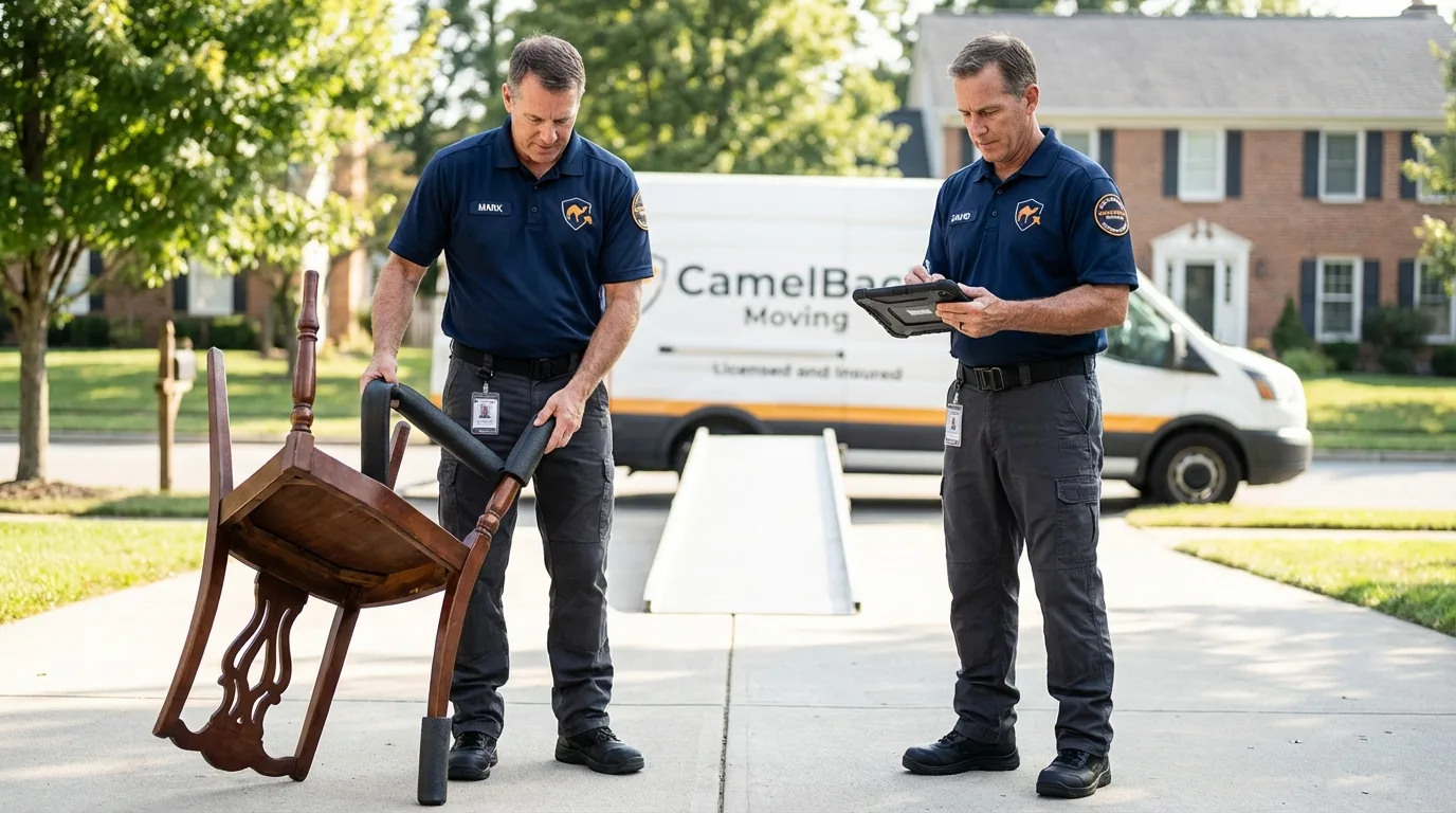 Movers inspecting furniture for damage prevention before loading in New Philadelphia, OH