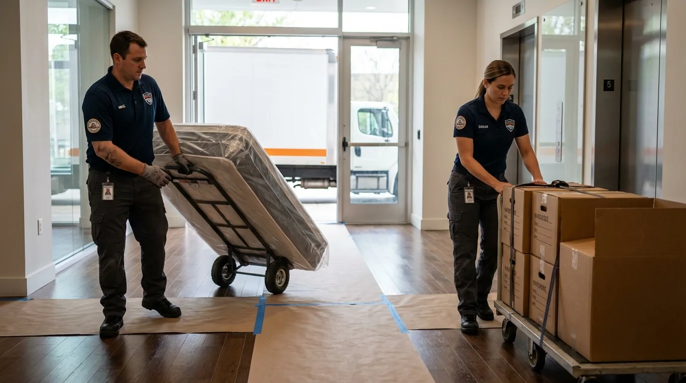 Professional apartment movers loading elevator in New Philadelphia, OH