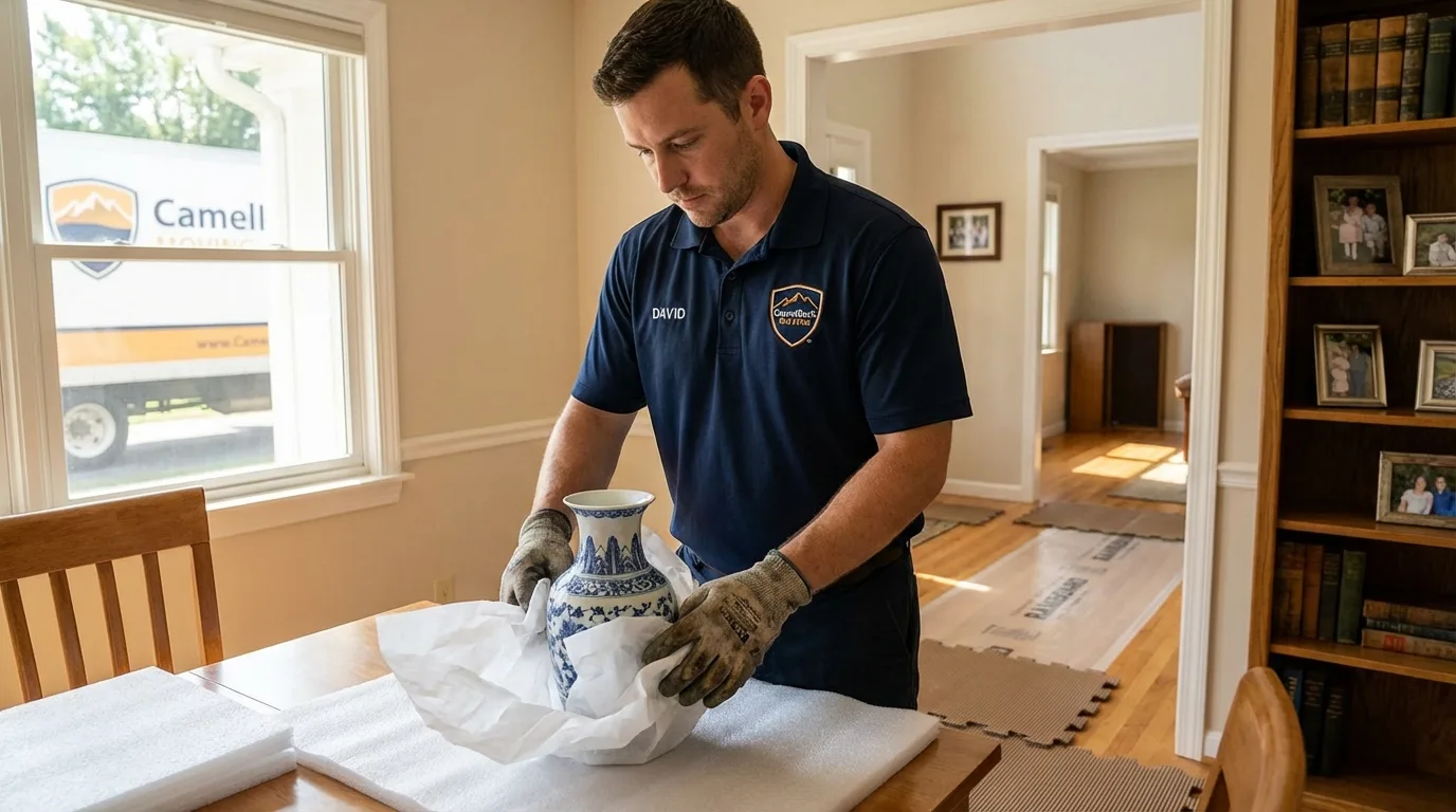 Professional crew carefully wrapping antique vase for senior downsizing move in New Philadelphia, OH